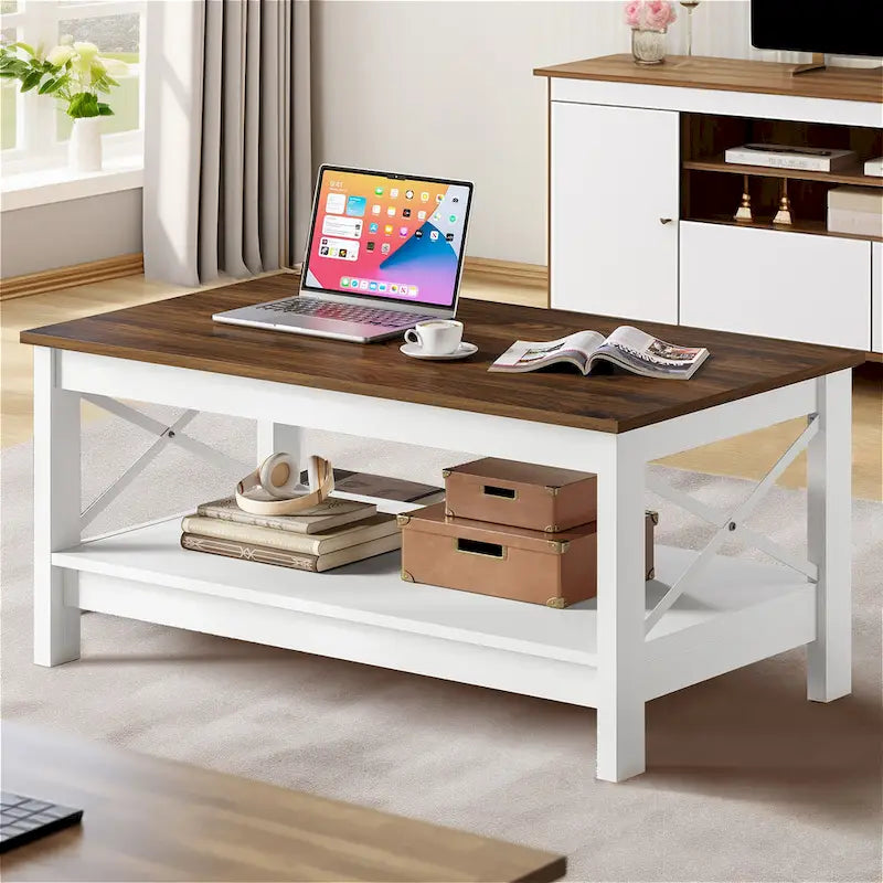 Table basse de ferme à montants en X – Noir / Gris / Marron / Blanc / Chêne foncé, 2 niveaux, 2–4 places