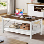 Table basse de ferme à montants en X – Noir / Gris / Marron / Blanc / Chêne foncé, 2 niveaux, 2–4 places
