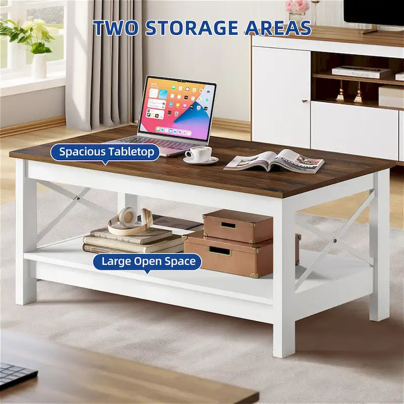 Table basse de ferme à montants en X – Noir / Gris / Marron / Blanc / Chêne foncé, 2 niveaux, 2–4 places