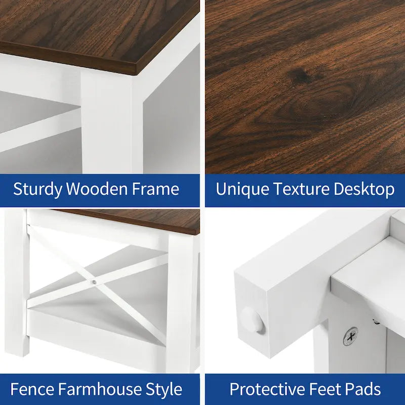 Table basse de ferme à montants en X – Noir / Gris / Marron / Blanc / Chêne foncé, 2 niveaux, 2–4 places