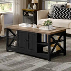 Table basse de ferme à montants en X – Noir / Gris / Marron / Blanc / Chêne foncé, 2 niveaux, 2–4 places