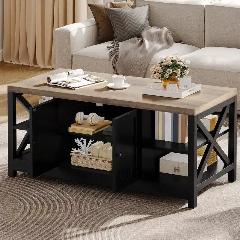 Table basse de ferme à montants en X – Noir / Gris / Marron / Blanc / Chêne foncé, 2 niveaux, 2–4 places