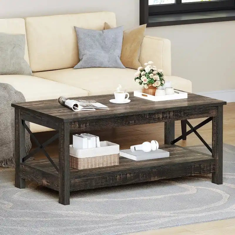 Table basse de ferme à montants en X – Noir / Gris / Marron / Blanc / Chêne foncé, 2 niveaux, 2–4 places