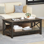 Table basse de ferme à montants en X – Noir / Gris / Marron / Blanc / Chêne foncé, 2 niveaux, 2–4 places