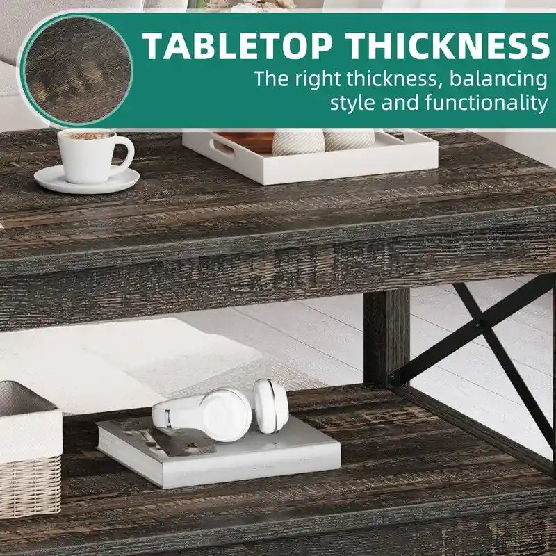 Table basse de ferme à montants en X – Noir / Gris / Marron / Blanc / Chêne foncé, 2 niveaux, 2–4 places