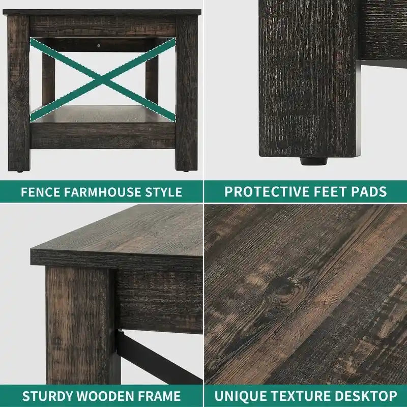 Table basse de ferme à montants en X – Noir / Gris / Marron / Blanc / Chêne foncé, 2 niveaux, 2–4 places