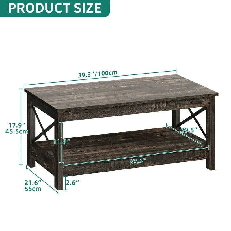 Table basse de ferme à montants en X – Noir / Gris / Marron / Blanc / Chêne foncé, 2 niveaux, 2–4 places