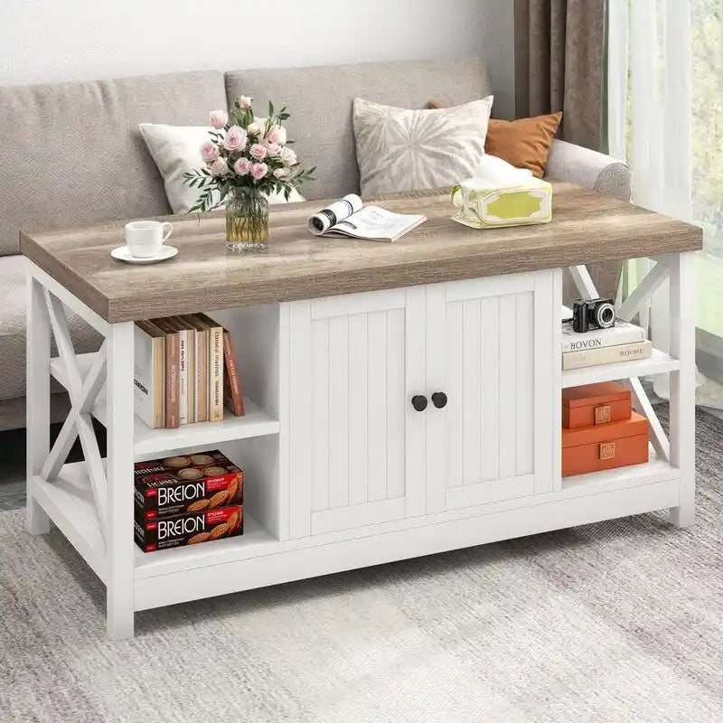 Table basse de ferme à montants en X – Noir / Gris / Marron / Blanc / Chêne foncé, 2 niveaux, 2–4 places