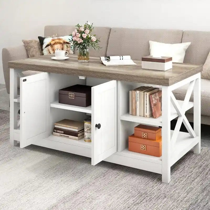 Table basse de ferme à montants en X – Noir / Gris / Marron / Blanc / Chêne foncé, 2 niveaux, 2–4 places