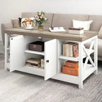 Table basse de ferme à montants en X – Noir / Gris / Marron / Blanc / Chêne foncé, 2 niveaux, 2–4 places