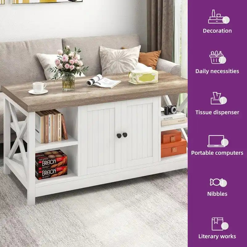 Table basse de ferme à montants en X – Noir / Gris / Marron / Blanc / Chêne foncé, 2 niveaux, 2–4 places