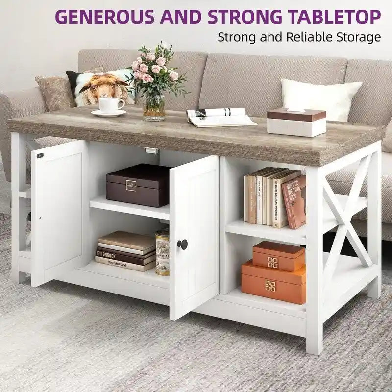 Table basse de ferme à montants en X – Noir / Gris / Marron / Blanc / Chêne foncé, 2 niveaux, 2–4 places