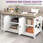Table basse de ferme à montants en X – Noir / Gris / Marron / Blanc / Chêne foncé, 2 niveaux, 2–4 places