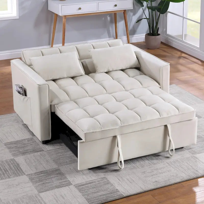 Causeuse-lit convertible en velours capitonné – Beige / Bleu / Gris, lit gigogne, 2 places