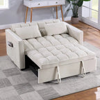 Causeuse-lit convertible en velours capitonné – Beige / Bleu / Gris, lit gigogne, 2 places