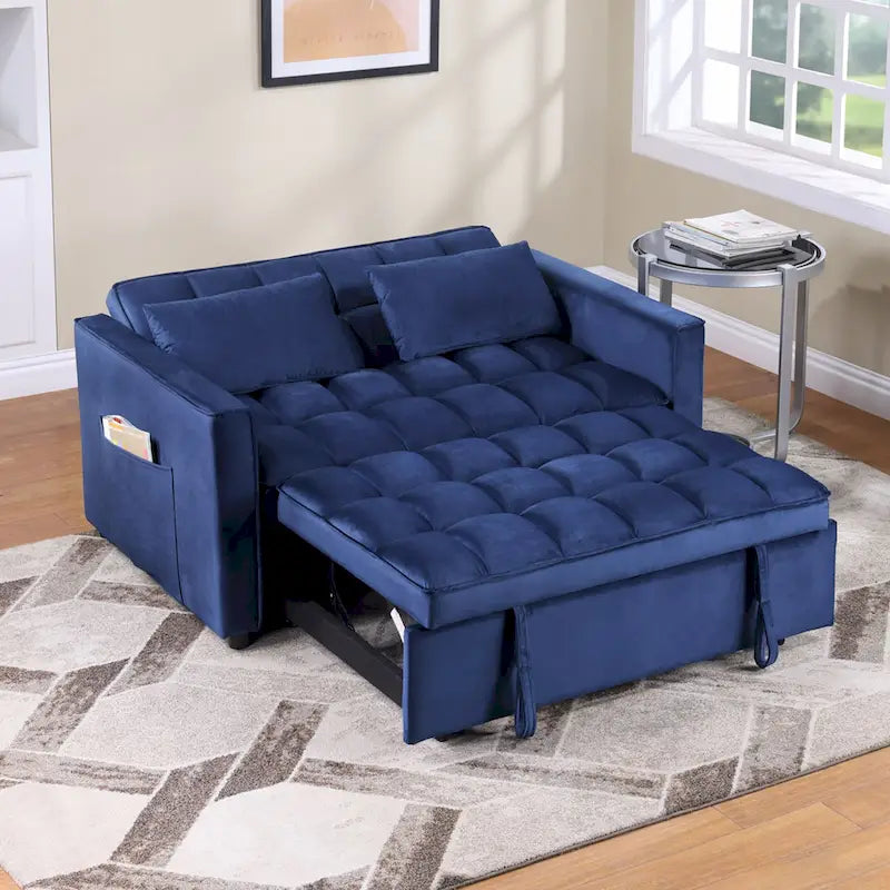 Causeuse-lit convertible en velours capitonné – Beige / Bleu / Gris, lit gigogne, 2 places