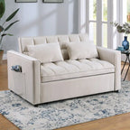 Causeuse-lit convertible en velours capitonné – Beige / Bleu / Gris, lit gigogne, 2 places