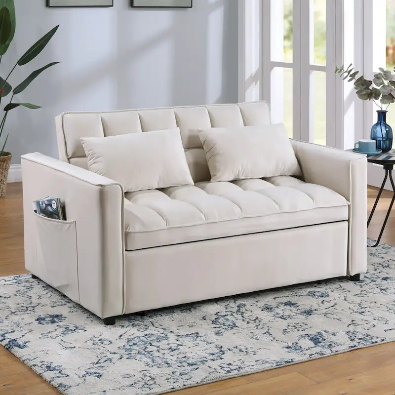 Causeuse-lit convertible en velours capitonné – Beige / Bleu / Gris, lit gigogne, 2 places