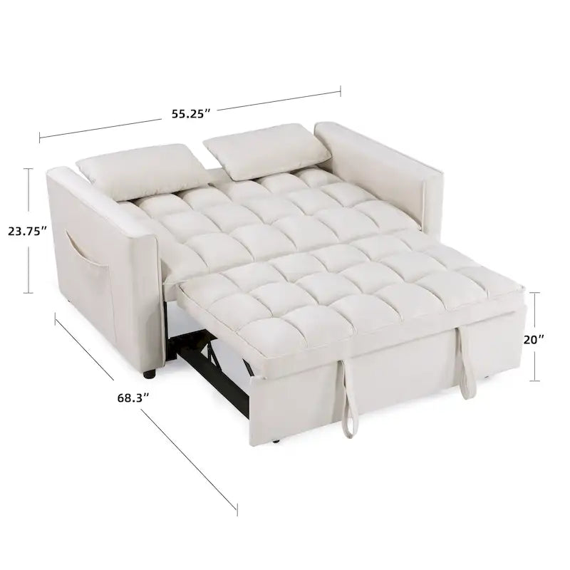 Causeuse-lit convertible en velours capitonné – Beige / Bleu / Gris, lit gigogne, 2 places
