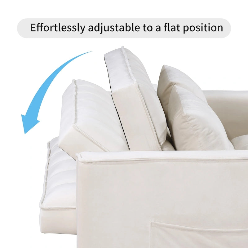 Causeuse-lit convertible en velours capitonné – Beige / Bleu / Gris, lit gigogne, 2 places