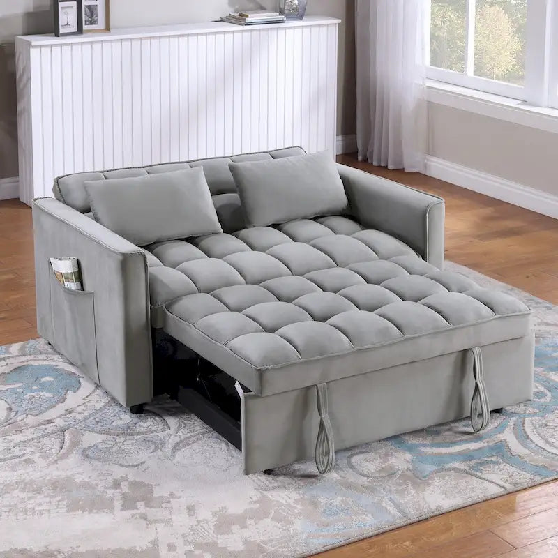 Causeuse-lit convertible en velours capitonné – Beige / Bleu / Gris, lit gigogne, 2 places