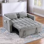 Causeuse-lit convertible en velours capitonné – Beige / Bleu / Gris, lit gigogne, 2 places