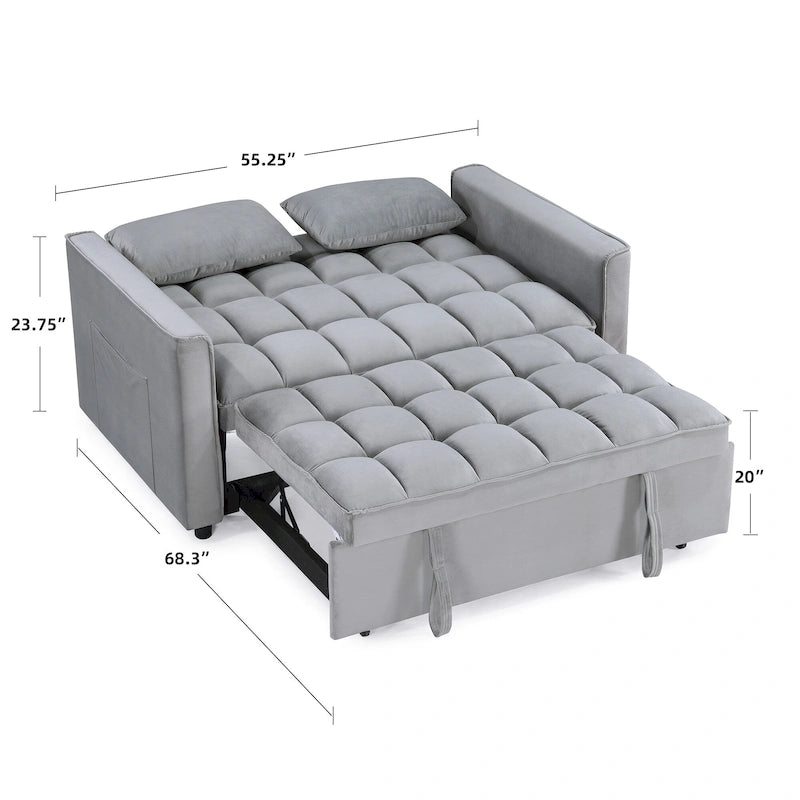 Causeuse-lit convertible en velours capitonné – Beige / Bleu / Gris, lit gigogne, 2 places
