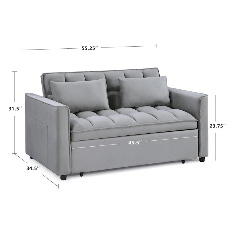 Causeuse-lit convertible en velours capitonné – Beige / Bleu / Gris, lit gigogne, 2 places