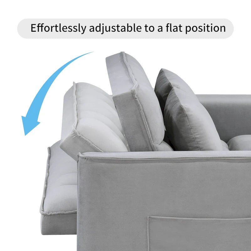 Causeuse-lit convertible en velours capitonné – Beige / Bleu / Gris, lit gigogne, 2 places