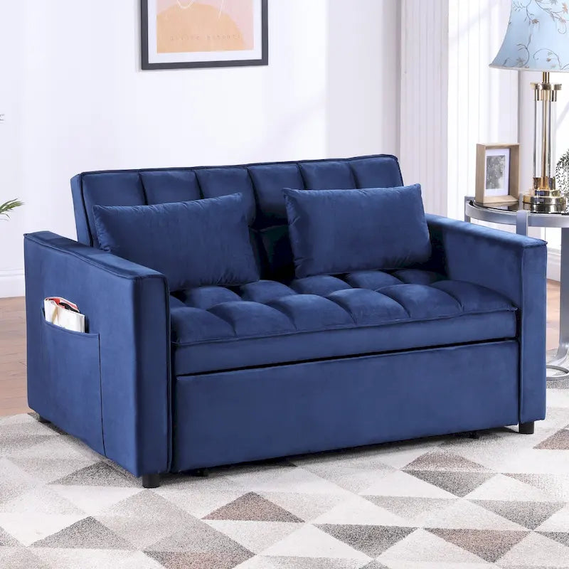 Causeuse-lit convertible en velours capitonné – Beige / Bleu / Gris, lit gigogne, 2 places