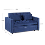 Causeuse-lit convertible en velours capitonné – Beige / Bleu / Gris, lit gigogne, 2 places