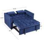 Causeuse-lit convertible en velours capitonné – Beige / Bleu / Gris, lit gigogne, 2 places