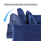 Causeuse-lit convertible en velours capitonné – Beige / Bleu / Gris, lit gigogne, 2 places