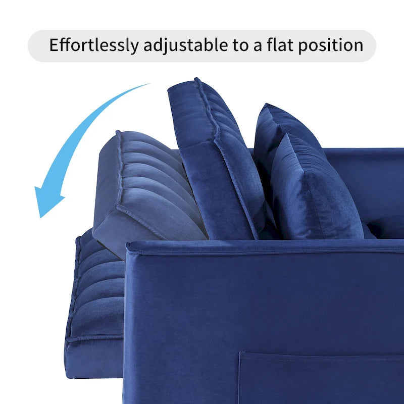 Causeuse-lit convertible en velours capitonné – Beige / Bleu / Gris, lit gigogne, 2 places