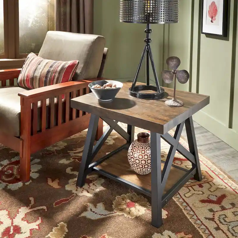 Table d'appoint rustique en X avec étagère – Chêne / Marron / Gris / Noir / Béton, style industriel, 1 place