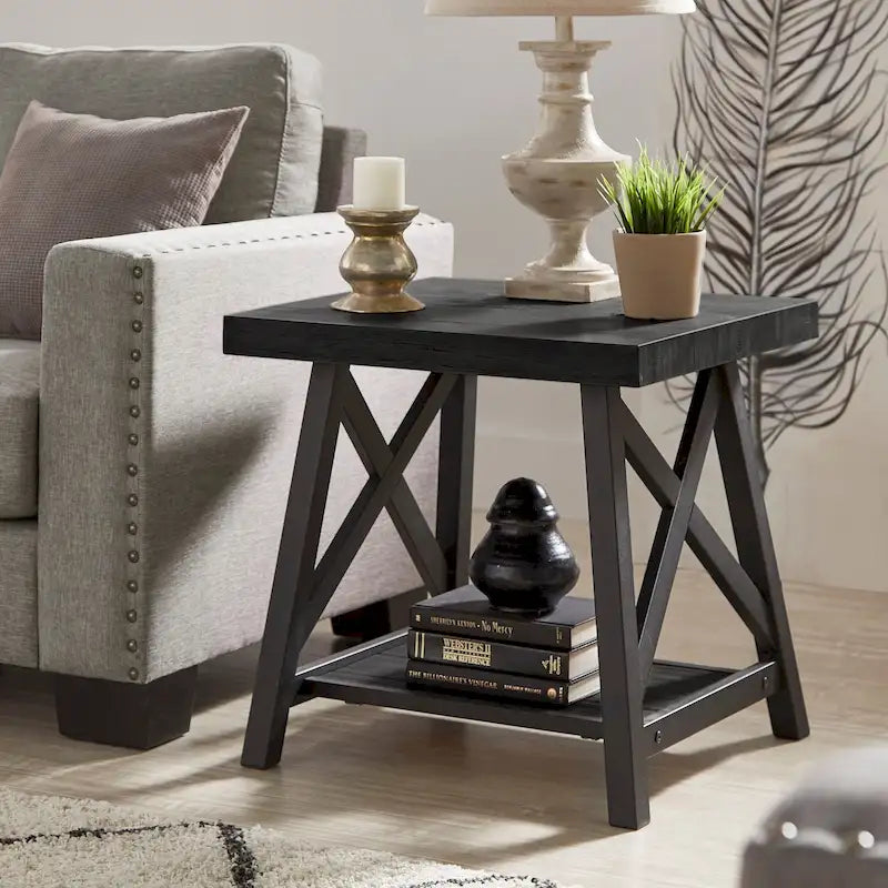 Table d'appoint rustique en X avec étagère – Chêne / Marron / Gris / Noir / Béton, style industriel, 1 place