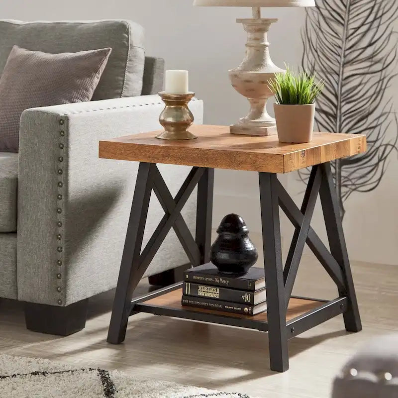 Table d'appoint rustique en X avec étagère – Chêne / Marron / Gris / Noir / Béton, style industriel, 1 place