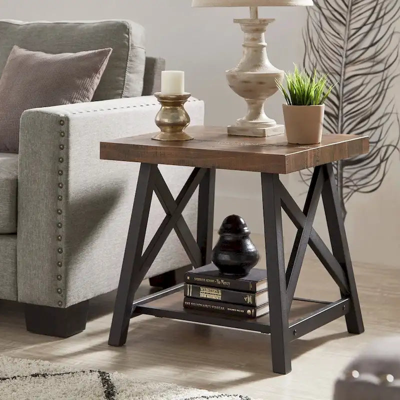 Table d'appoint rustique en X avec étagère – Chêne / Marron / Gris / Noir / Béton, style industriel, 1 place