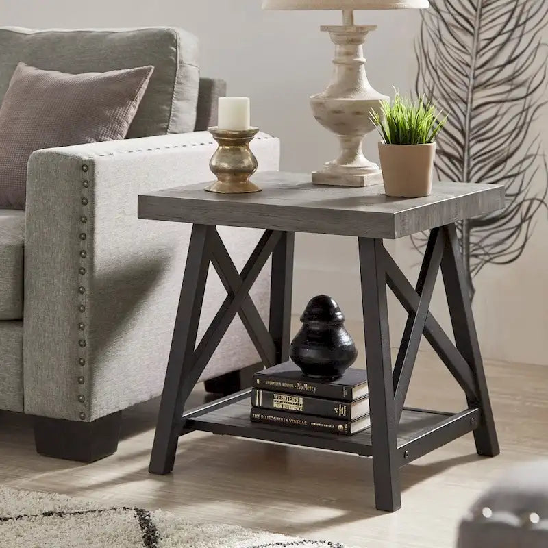 Table d'appoint rustique en X avec étagère – Chêne / Marron / Gris / Noir / Béton, style industriel, 1 place