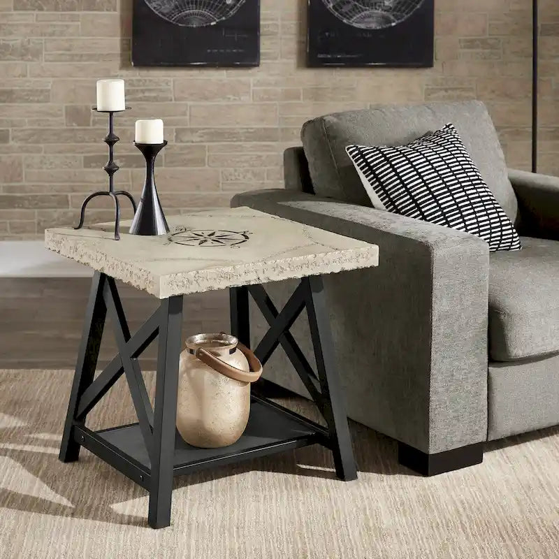 Table d'appoint rustique en X avec étagère – Chêne / Marron / Gris / Noir / Béton, style industriel, 1 place