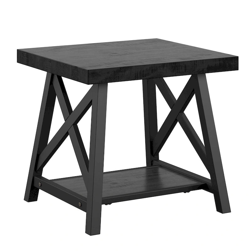Table d'appoint rustique en X avec étagère – Chêne / Marron / Gris / Noir / Béton, style industriel, 1 place