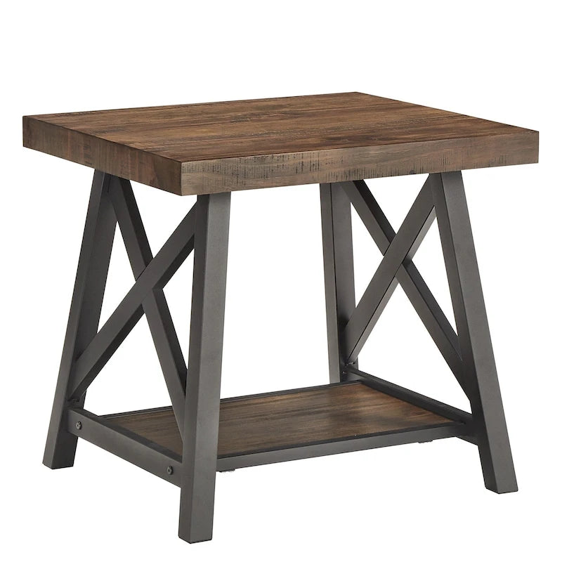 Table d'appoint rustique en X avec étagère – Chêne / Marron / Gris / Noir / Béton, style industriel, 1 place
