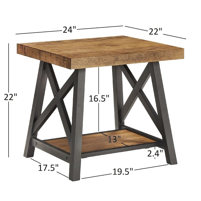 Table d'appoint rustique en X avec étagère – Chêne / Marron / Gris / Noir / Béton, style industriel, 1 place