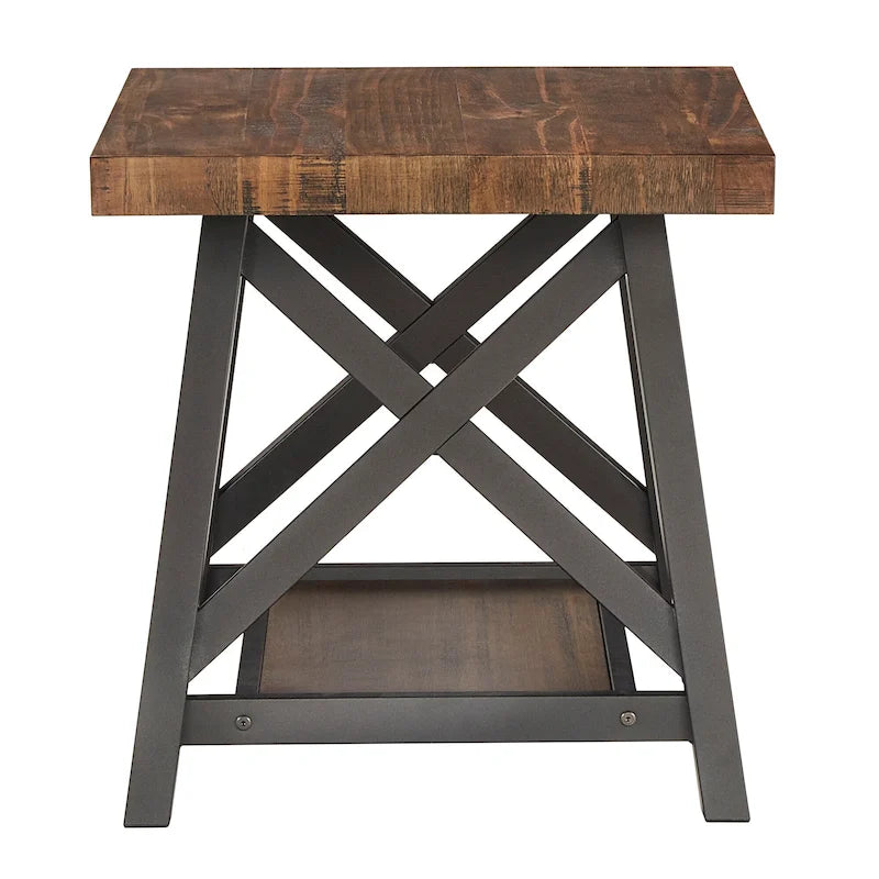 Table d'appoint rustique en X avec étagère – Chêne / Marron / Gris / Noir / Béton, style industriel, 1 place
