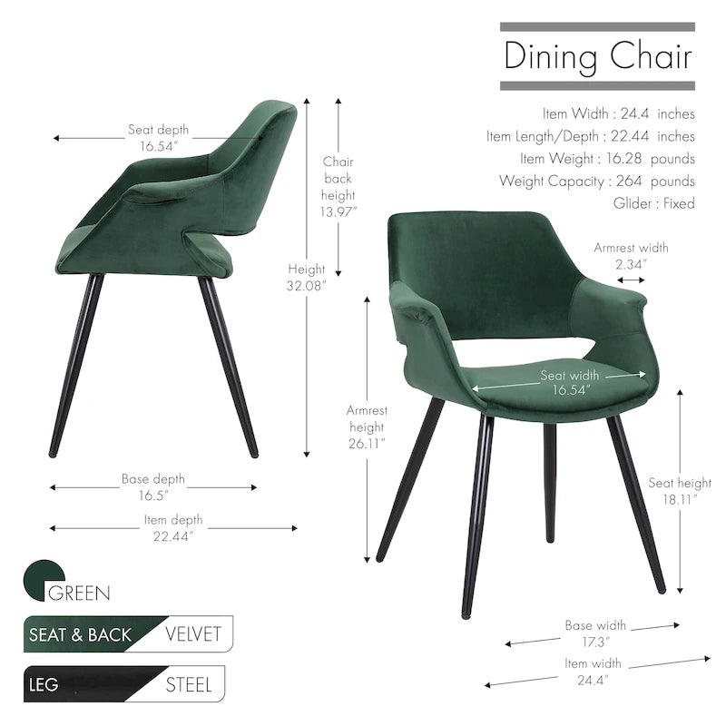 Chaise de salle à manger mi-siècle en velours avec accoudoirs – Vert / Rose / Champagne / Gris foncé, 1 place