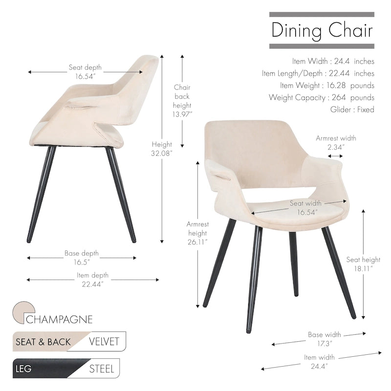 Chaise de salle à manger mi-siècle en velours avec accoudoirs – Vert / Rose / Champagne / Gris foncé, 1 place