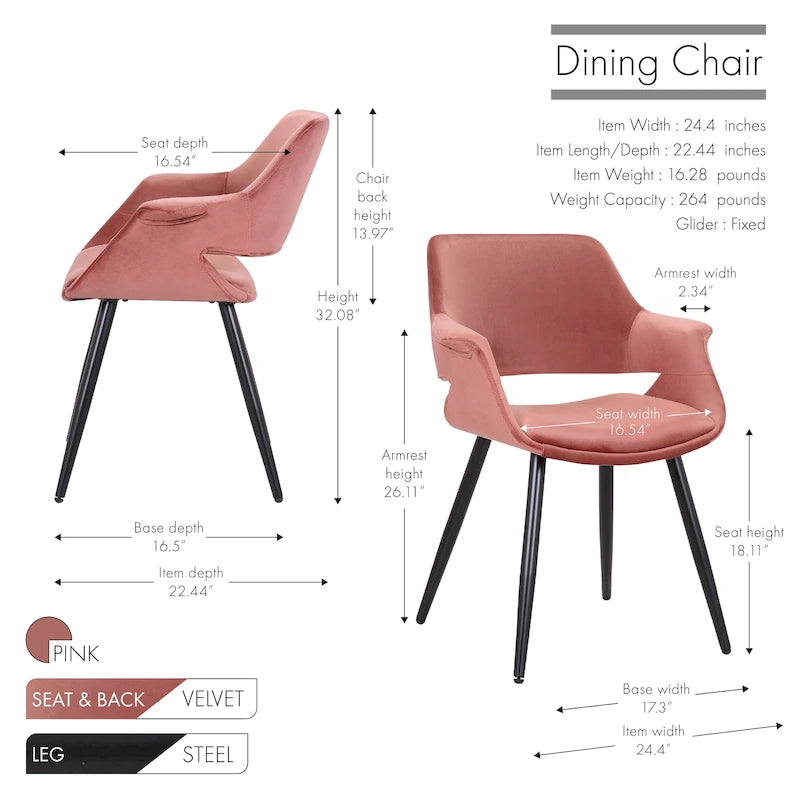 Chaise de salle à manger mi-siècle en velours avec accoudoirs – Vert / Rose / Champagne / Gris foncé, 1 place