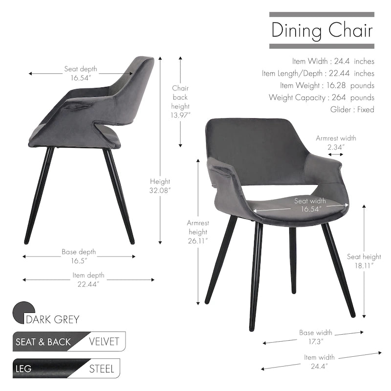 Chaise de salle à manger mi-siècle en velours avec accoudoirs – Vert / Rose / Champagne / Gris foncé, 1 place
