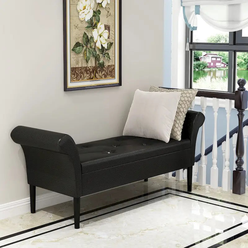 Banc-ottoman de rangement capitonné avec accoudoirs – Noir / Fauve / Bleu-vert / Gris, similicuir, 2 à 3 places