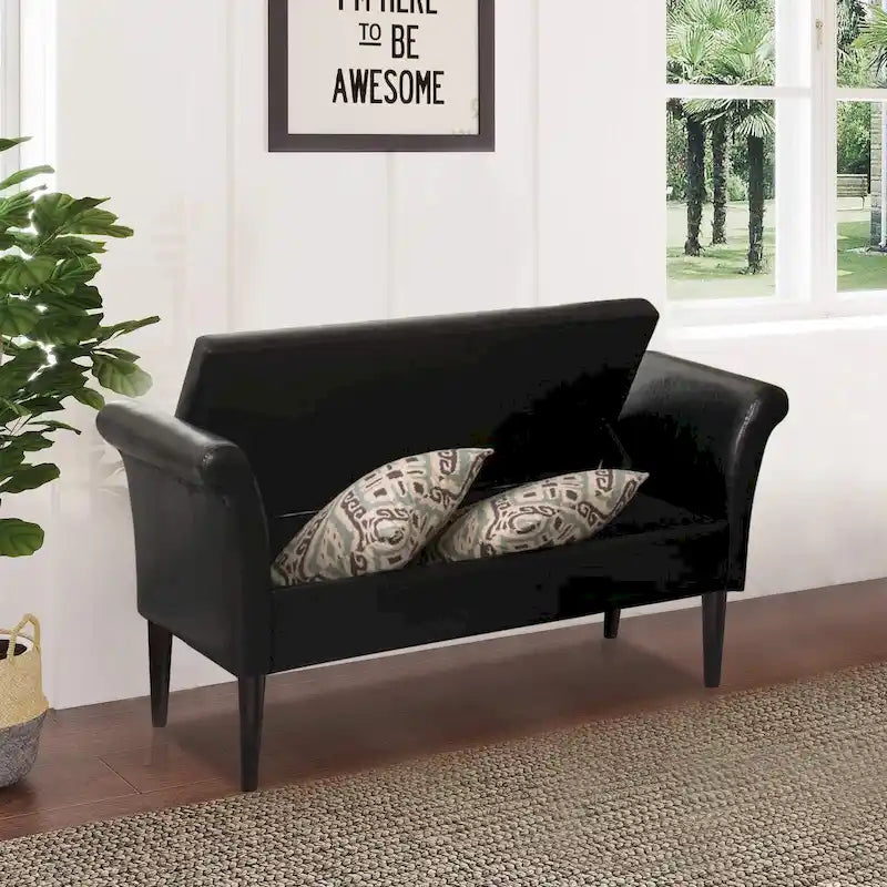 Banc-ottoman de rangement capitonné avec accoudoirs – Noir / Fauve / Bleu-vert / Gris, similicuir, 2 à 3 places